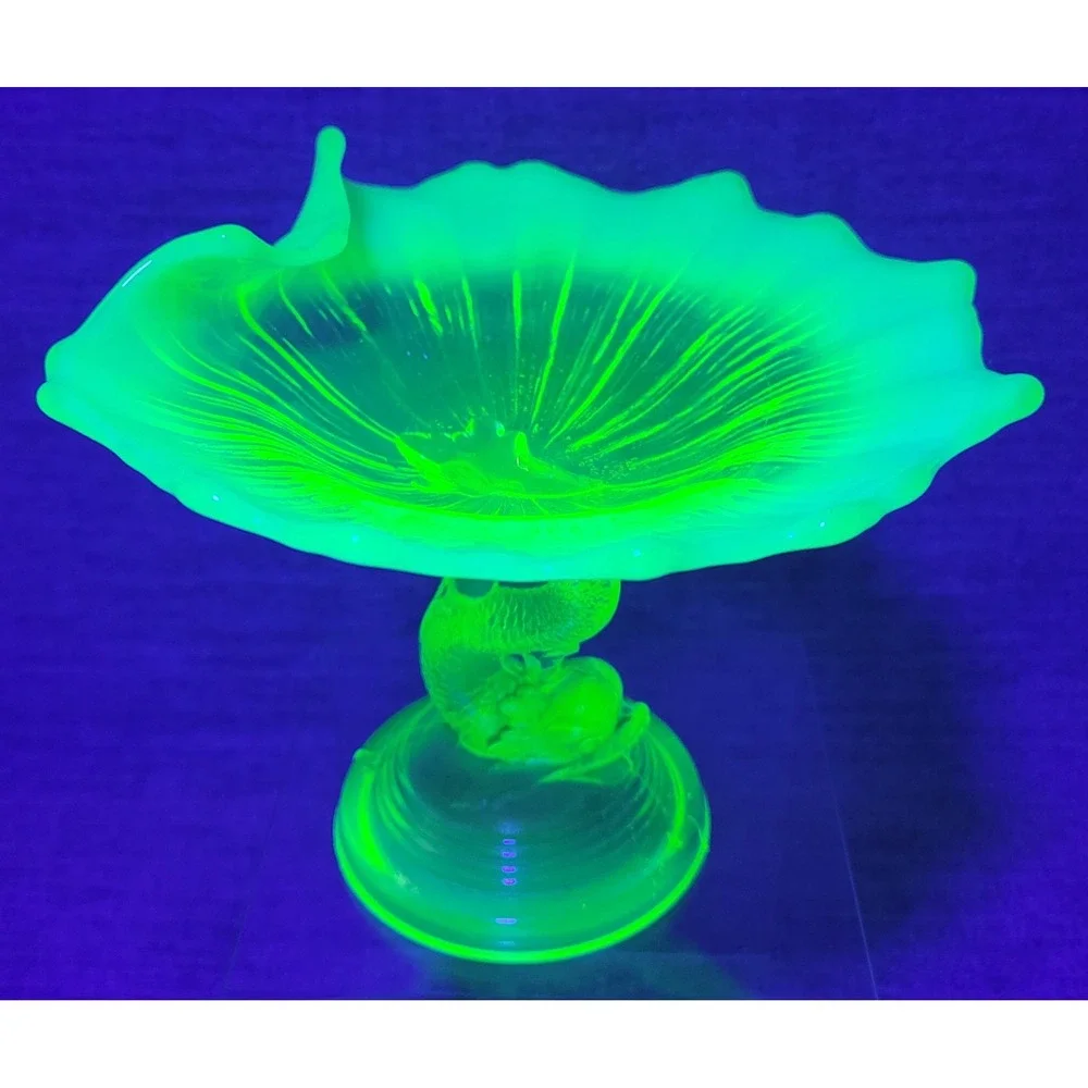 Vintage Vaseline Uranium Glass Dolphin Koi Fish Compote Ruffled Opalescent Dish